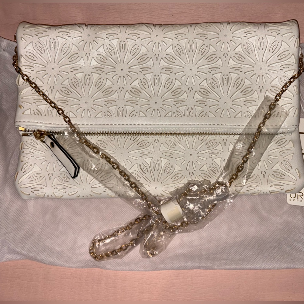 Urban Expressions White Floral Clutch with Gold Chain